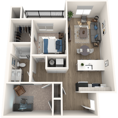 A 3D floor plan of a small apartment with a kitchen, living room, and bedroom.